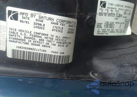 2002 Saturn Sl из США, поврежденный, VIN 1G8ZH52802Z117182